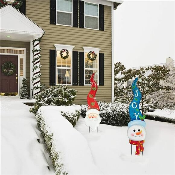 2 Pcs Christmas Yard Stakes, 3D Metal Outdoor, 31'' Snowman and Santa Christmas - Picture 6 of 7